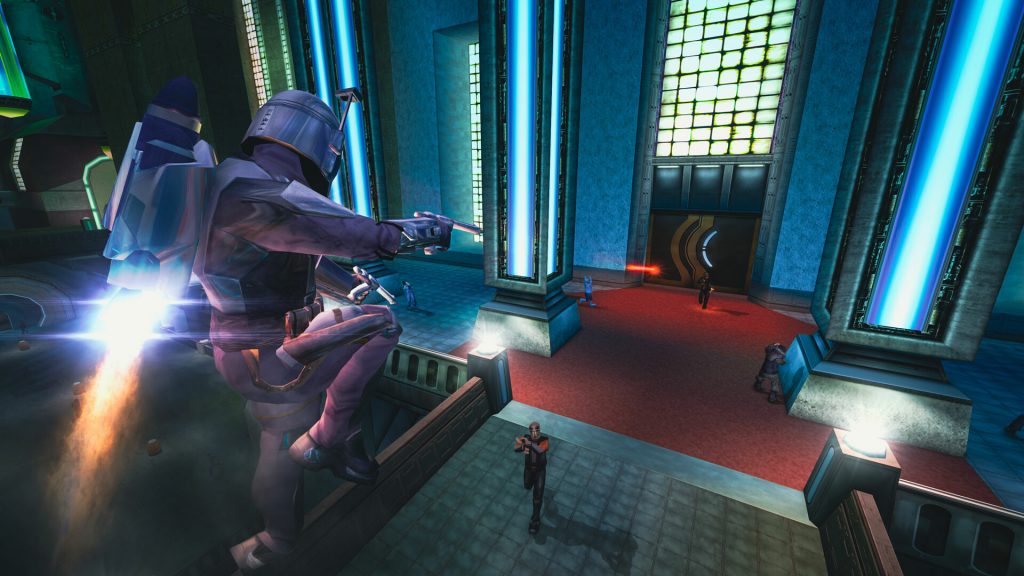 A futurisic bounty hunter flies through the air on his jetpack, aiming his guns at a far enemy.